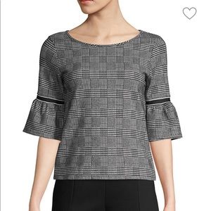 Design Lab - Plaid 3/4 Bell Sleeve Top - Large - Glen Check Short Sleeve top